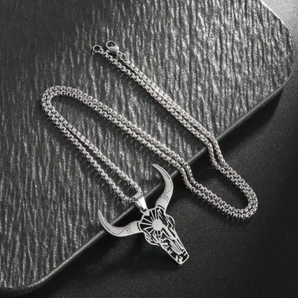 Stainless Steel Silver Bull Pendant Necklace